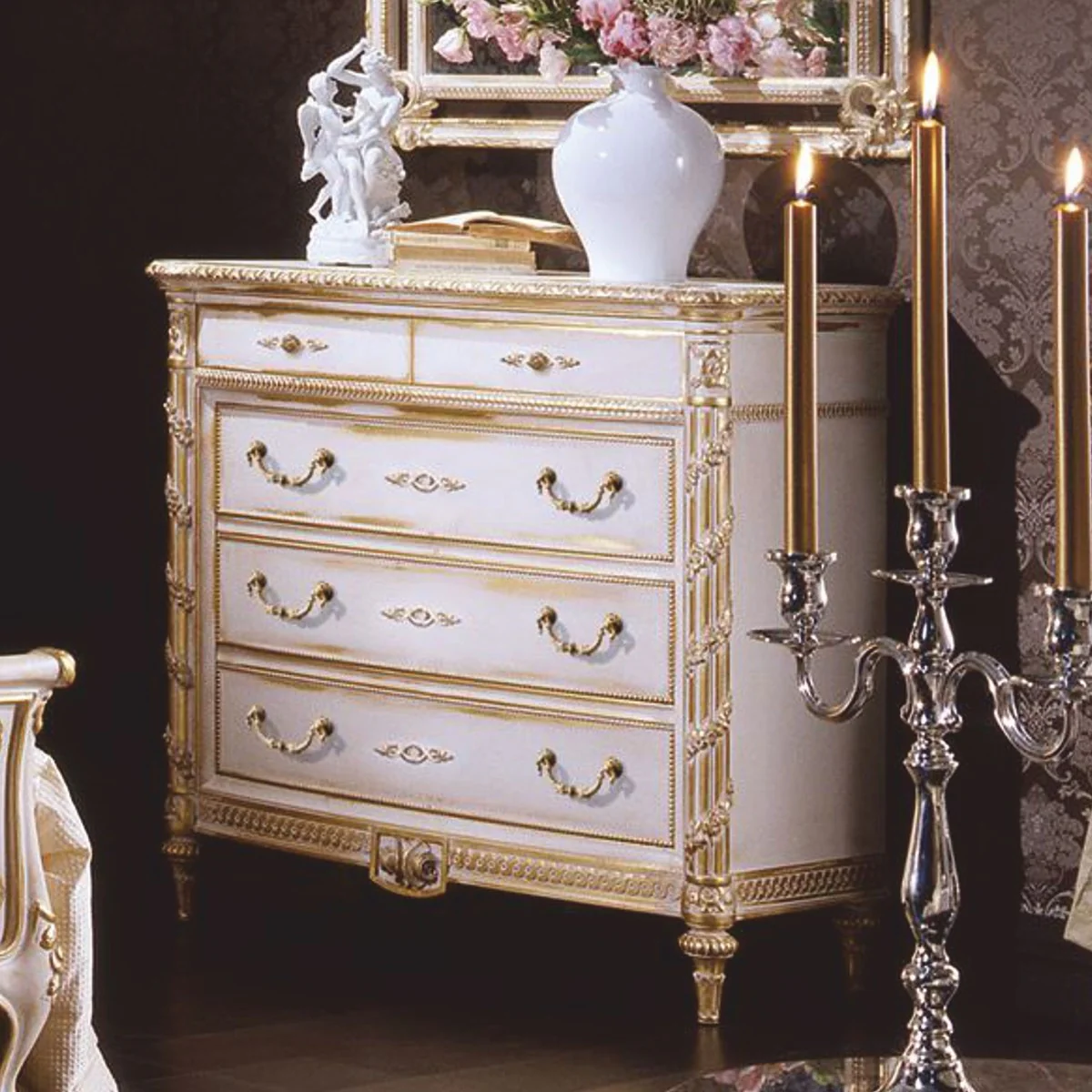 Luxus Barock Kommode mit 5 Schubladen Weiß / Gold - Made in Italy