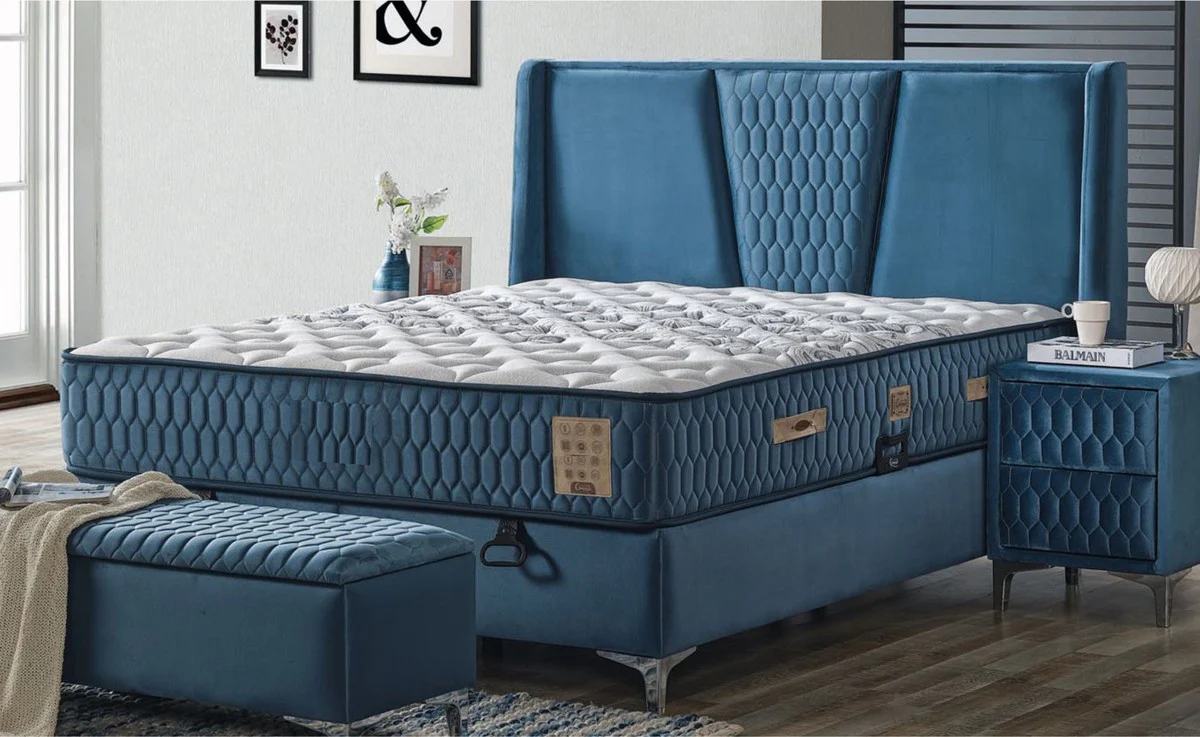 Luxury double bed blue / white / silver 180 x 200 cm - solid wood bed with headboard and mattress - bedroom furniture - hotel furniture - luxury furniture - luxury furnishings