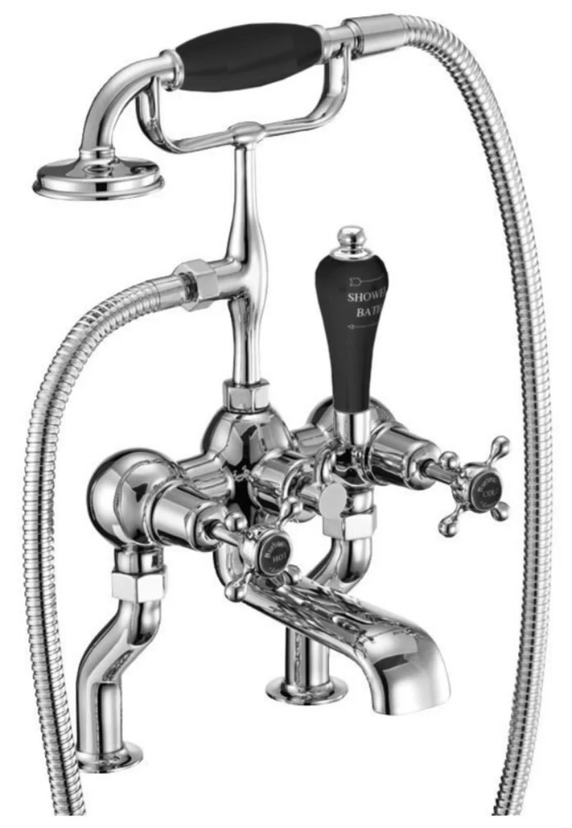 Luxury Art Nouveau bathtub mixer silver / black H. 50.3 cm - Nostalgic brass bathtub mixer with hand shower - Nostalgic bathroom accessories