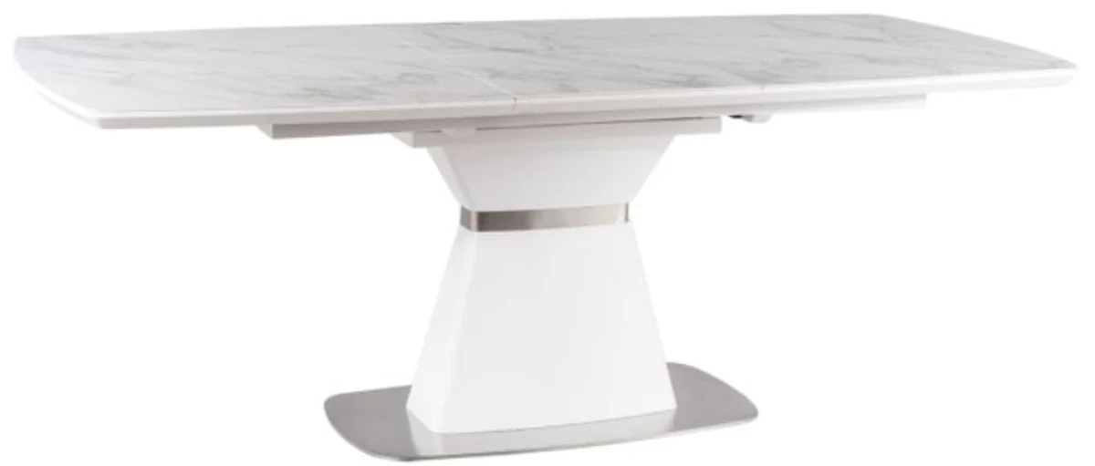 Luxury dining table white / matt white / silver 160-210 x 90 x H. 76 cm - Modern extendable dining room table with ceramic tops in marble look - Dining room furniture