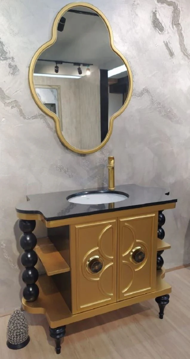 Baroque bathroom set black / gold - 1 washbasin with ceramic sink & 1 wall mirror - Baroque bathroom furniture