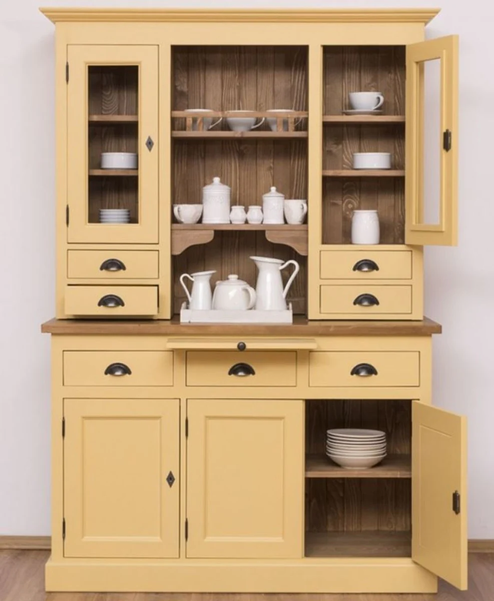 Country house style kitchen cabinet yellow / brown 137 x 50 x H. 197 cm - 2-part kitchen cabinet with 5 doors and 7 drawers - country house style kitchen furniture