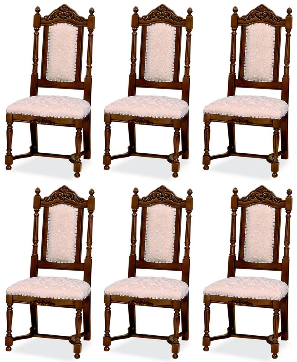 Luxury Baroque Dining Room Chair Set of 6 Pink / White / Dark Brown - Baroque Style Kitchen Chairs - Magnificent Luxury Dining Room Furniture in Baroque Style - Noble & Magnificent