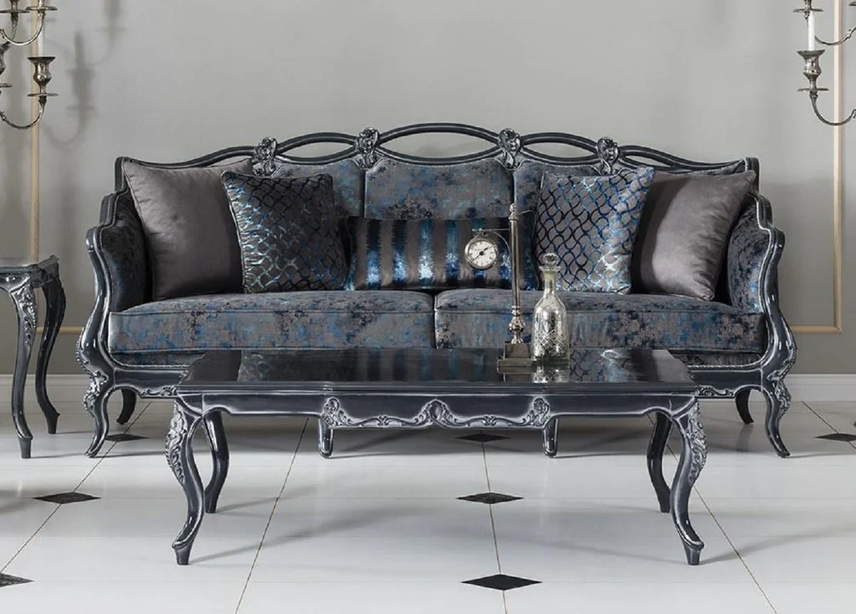 Luxury Baroque Sofa Gray / Blue / Gray 224 x 103 x H. 110 cm - Elegant living room sofa with elegant pattern and decorative pillows - Baroque style living room furniture