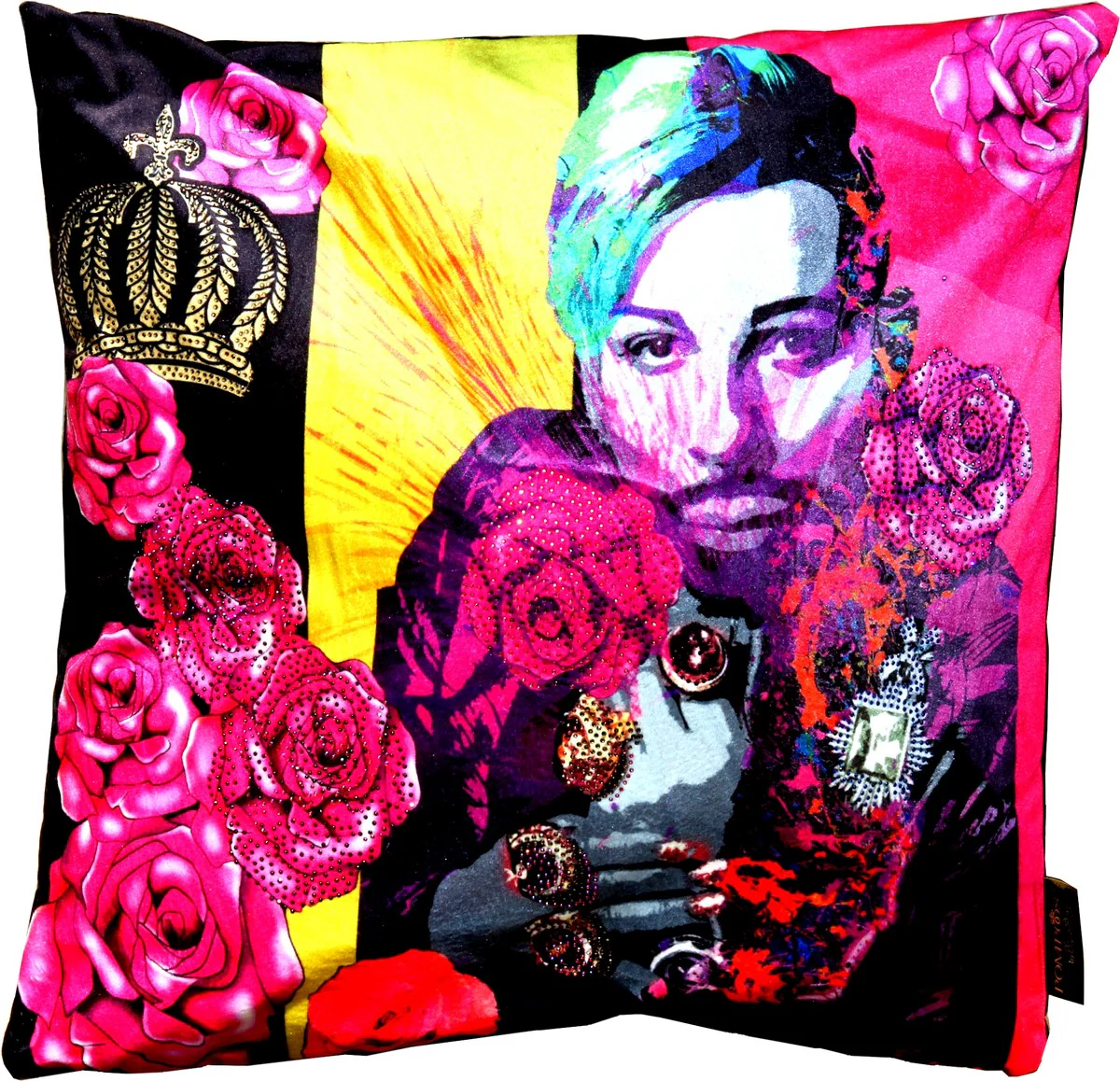 Harald Glööckler Designer Decorative Cushion Pompöös by with Glitter Stones Pink Flowers - Art Collection -