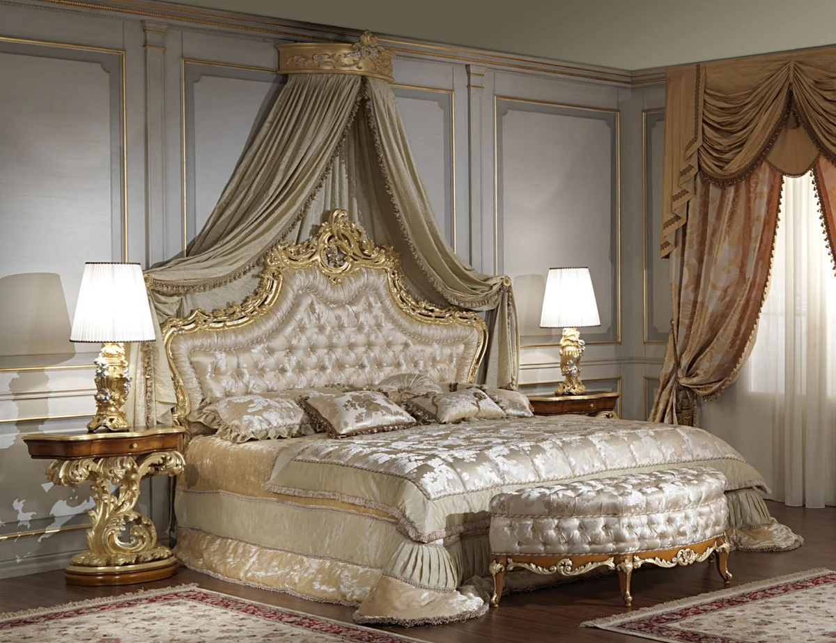 Luxury Baroque bedroom set - 1 double bed with headboard & 1 canopy & 2 bedside tables & 1 bench - Baroque bedroom furniture - Baroque hotel furniture - Noble & magnificent