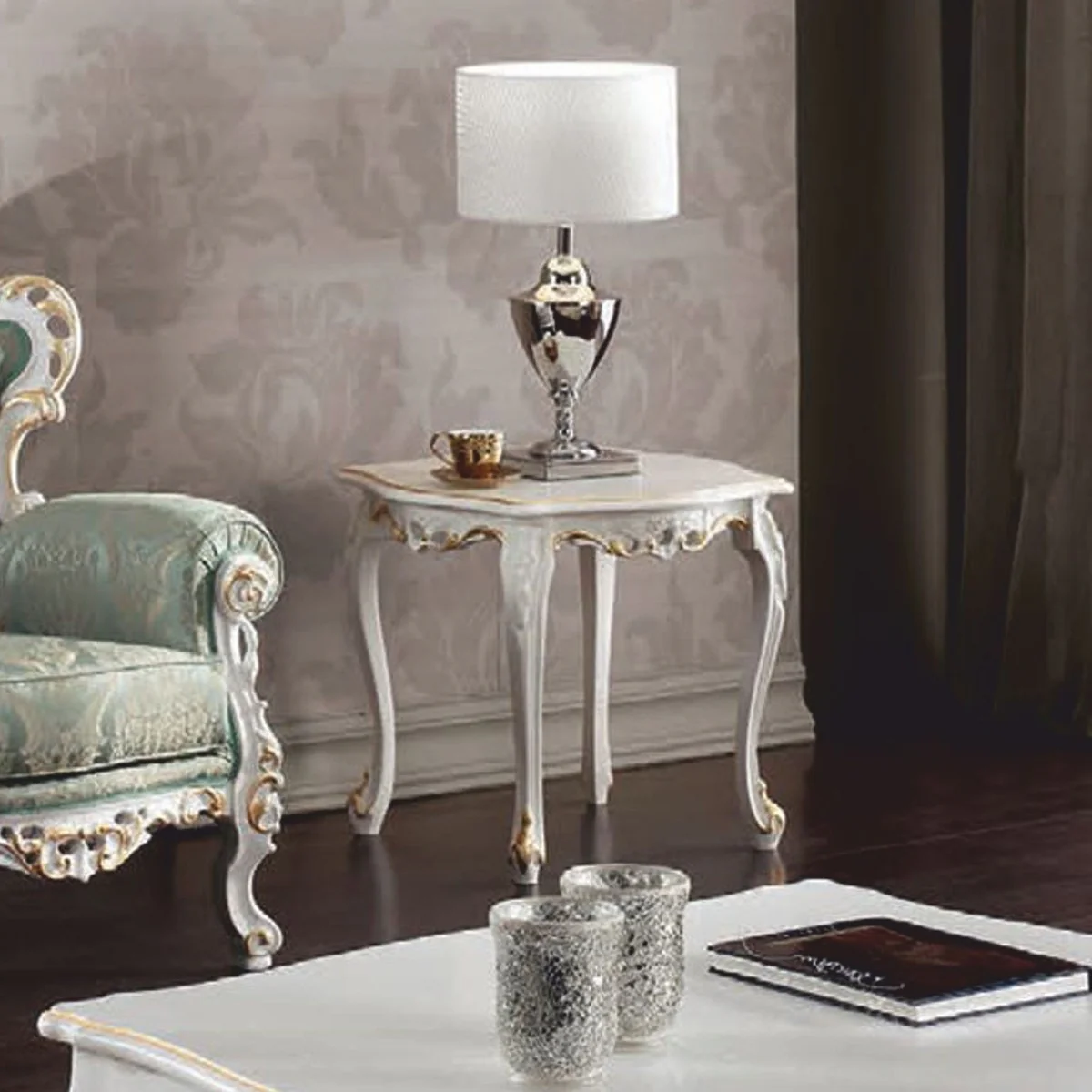 Luxury Baroque side table white / gold H. 59 cm - Made in Italy