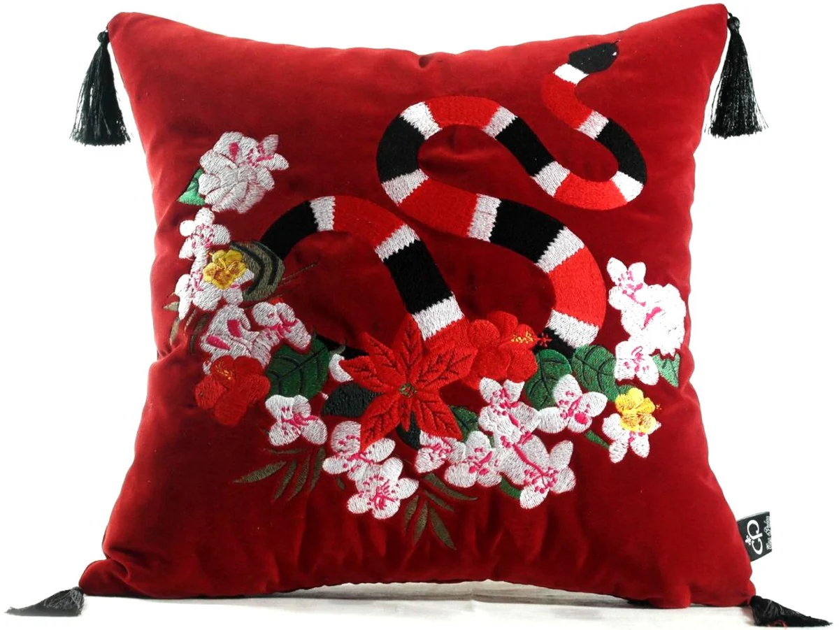 Luxus Deko Kissen mit Troddeln Snake Rot / Mehrfarbig 45 x 45 cm - Feinster Samtstoff - Luxus Qualität