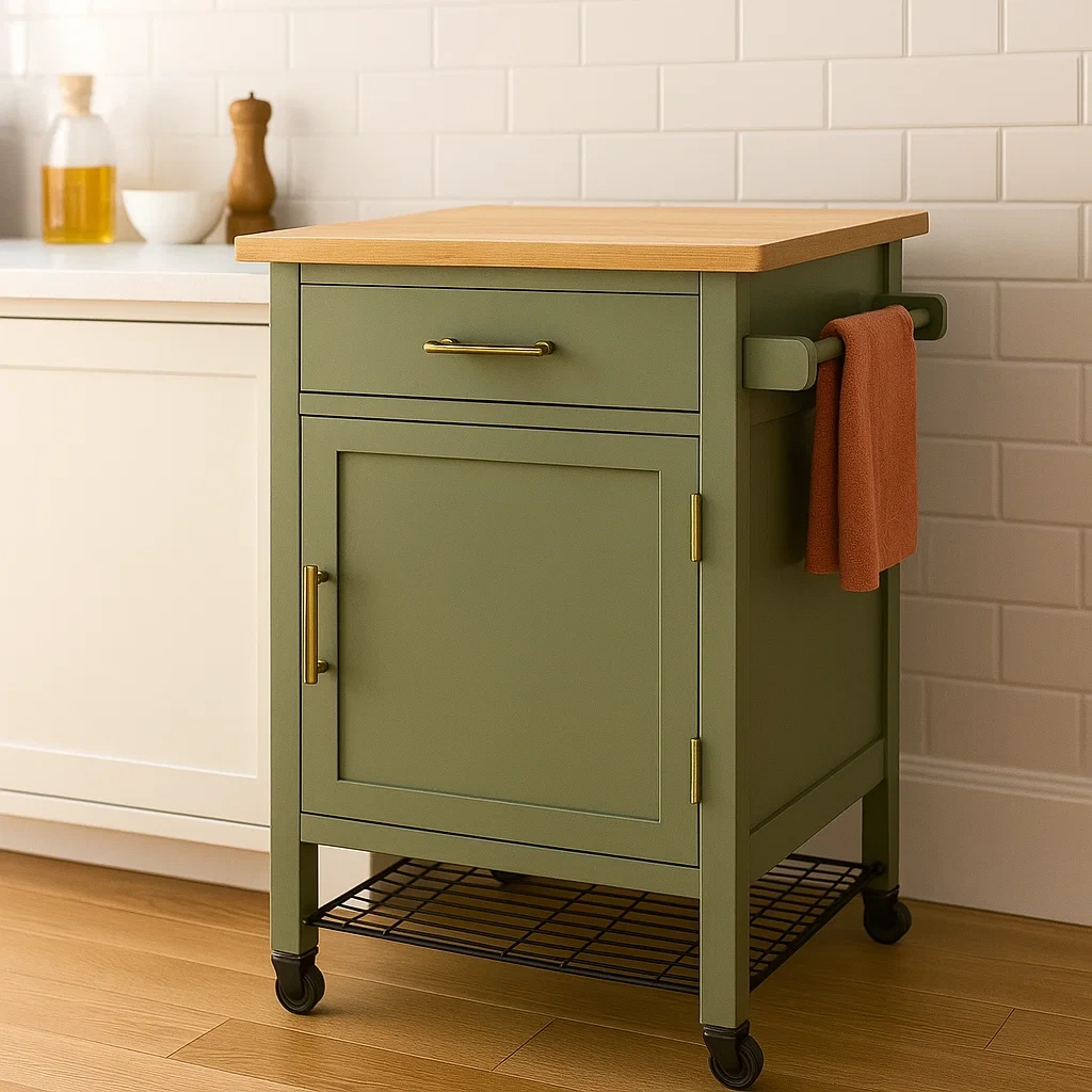 Kücheninsel mit Rollen, aus Holz und Metall, grün, mit einer Schublade und einer Tür, Maße 60 x 40 x 85 cm, zur Aufbewahrung in der Küche - fLlnizLbuw9k