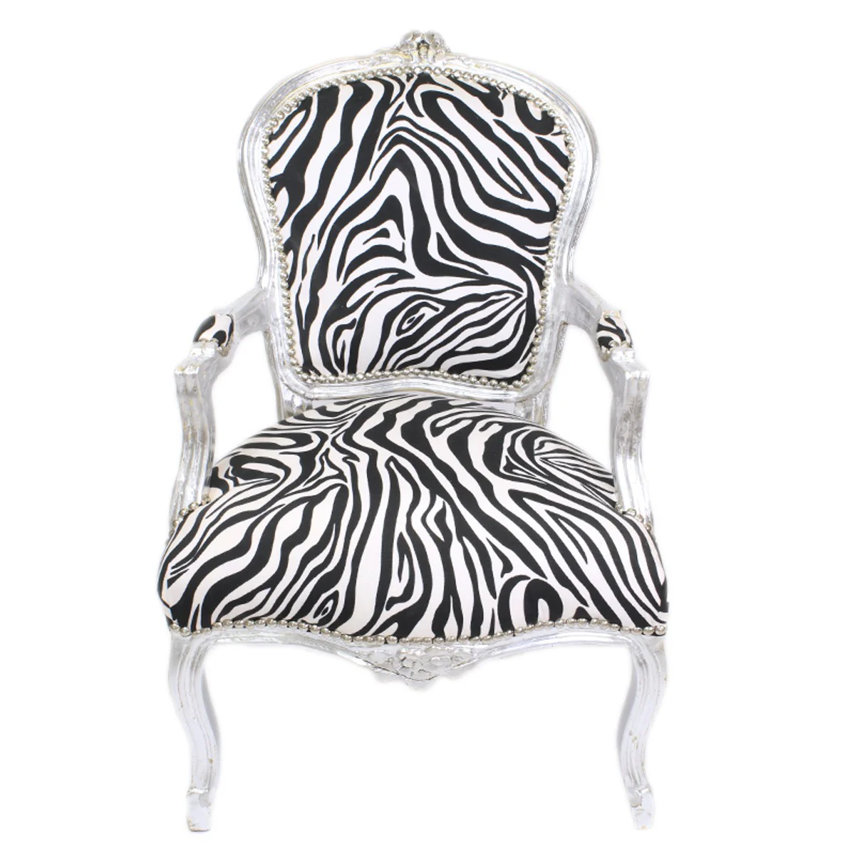 Baroque salon chair zebra / silver with armrests - baroque furniture