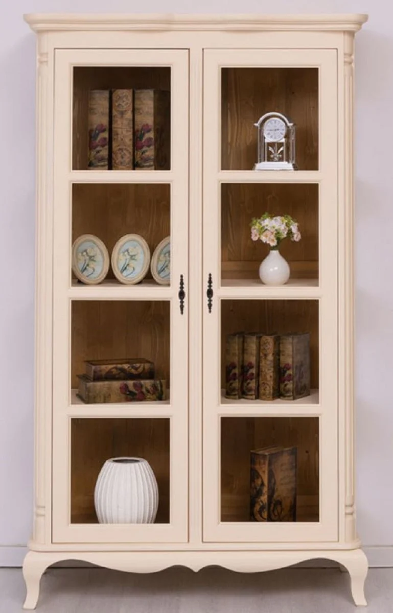Country house style display cabinet cream / brown 112 x 49 x H. 190 cm - solid wood cabinet with 2 glass doors - solid wood furniture - country house style furniture - country house style furnishings