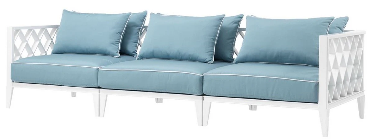 Luxury living room sofa with cushions white / light blue 275.5 x 93 x H. 69 cm - living room furniture