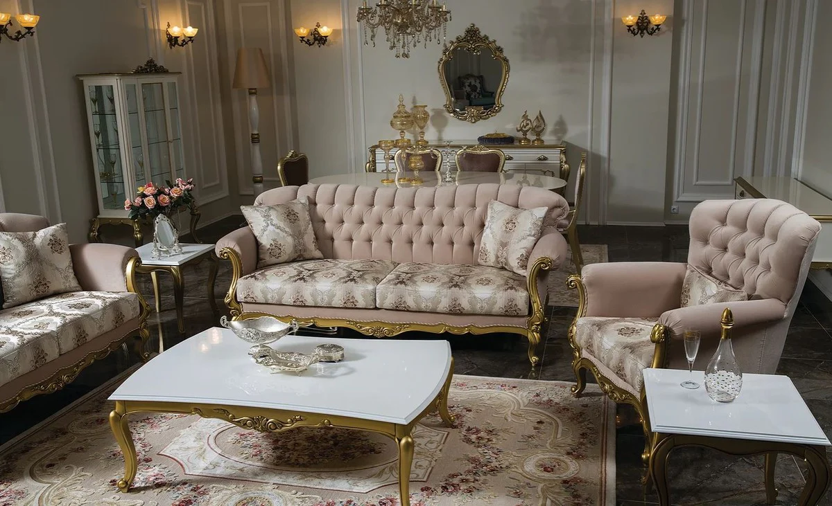 Luxus Barock Wohnzimmer Set Rosa / Weiß / Gold - 2 Sofas & 2 Sessel & 1 Couchtisch & 2 Beistelltische - Wohnzimmer Möbel im Barockstil - Edel & Prunkvoll