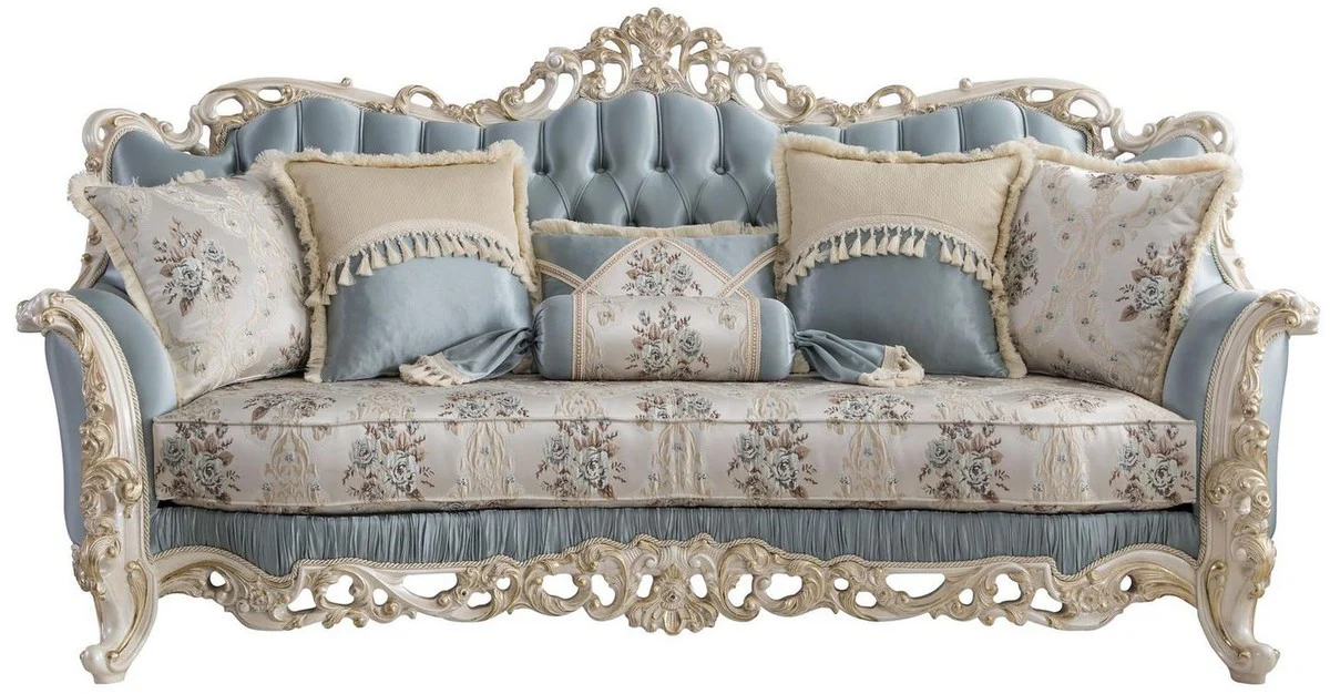 Luxury baroque living room sofa with decorative cushions light blue / cream / white / gold 240 x 90 x H. 120 cm - Noble baroque living room furniture