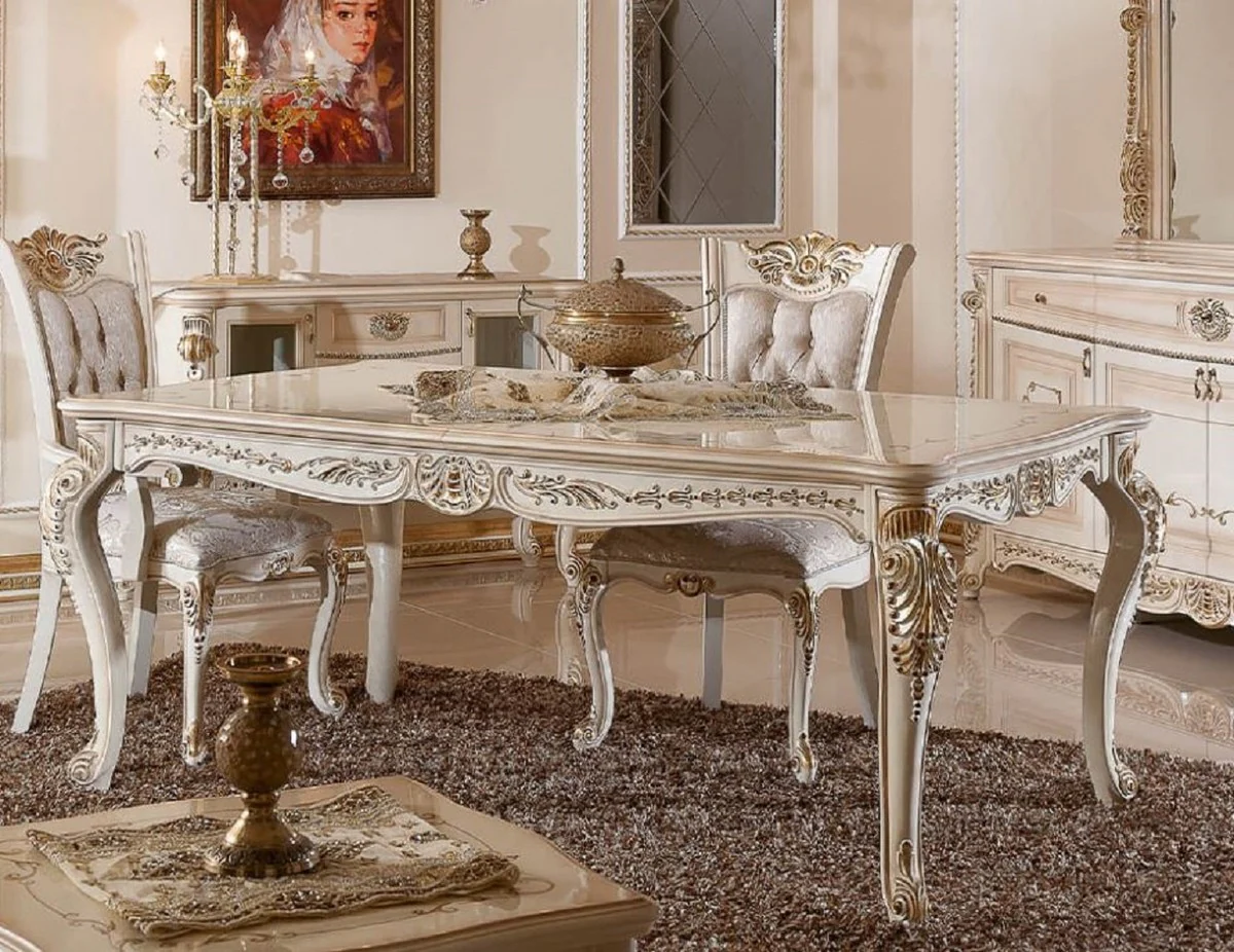 Luxury Baroque Dining Table White / Beige / Gold - Rectangular Baroque Style Kitchen Table - Luxury Dining Room Furniture in Baroque Style - Baroque Dining Room Furniture - Baroque Furnishings