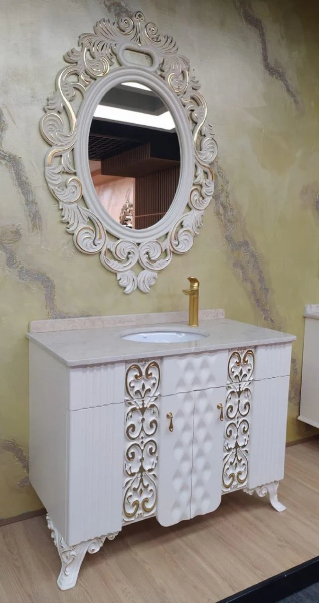 Baroque bathroom set white / gold - 1 washbasin with marble top and ceramic washbasin & 1 wall mirror - Magnificent baroque bathroom furniture