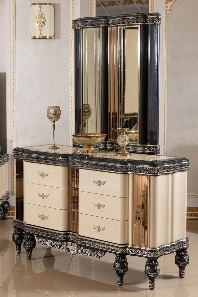 Luxury Baroque chest of drawers with mirror beige / black / gold - Baroque style bedroom chest of drawers with mirror - Luxury bedroom furniture in Baroque style - Baroque furniture - Noble & magnificent