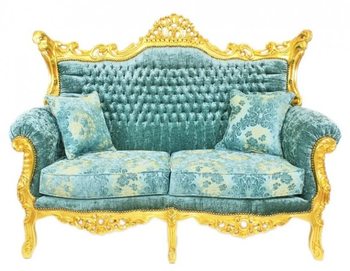 Barock Wohnzimmer Set Master Türkis-Blau Muster Samtstoff / Gold - 2er Sofa + 2 Sessel - Limited Edition!