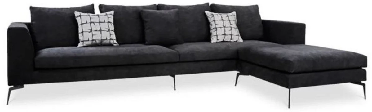 Luxury velvet corner sofa black 320 x 180 x H. 45 cm - Modern living room sofa with adjustable stool - Living room furniture