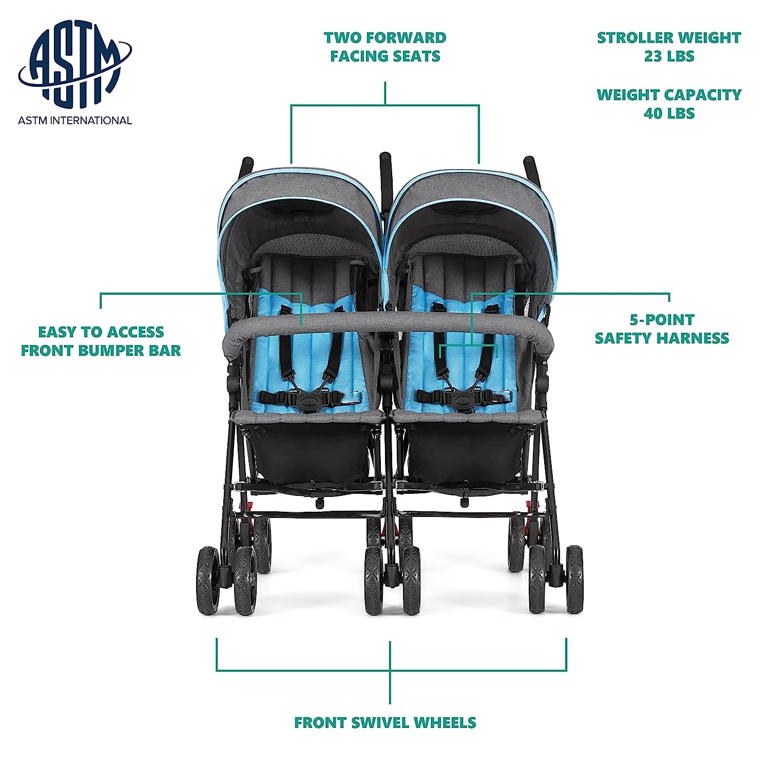 Zwillings-Regenschirm-Kinderwagen in Mint, leichter Doppel-Kinderwagen für Säuglinge und Kleinkinder, kompakt, einfach zusammenklappbar, großer Aufbewahrungskorb, großes und verstellbares Verdeck