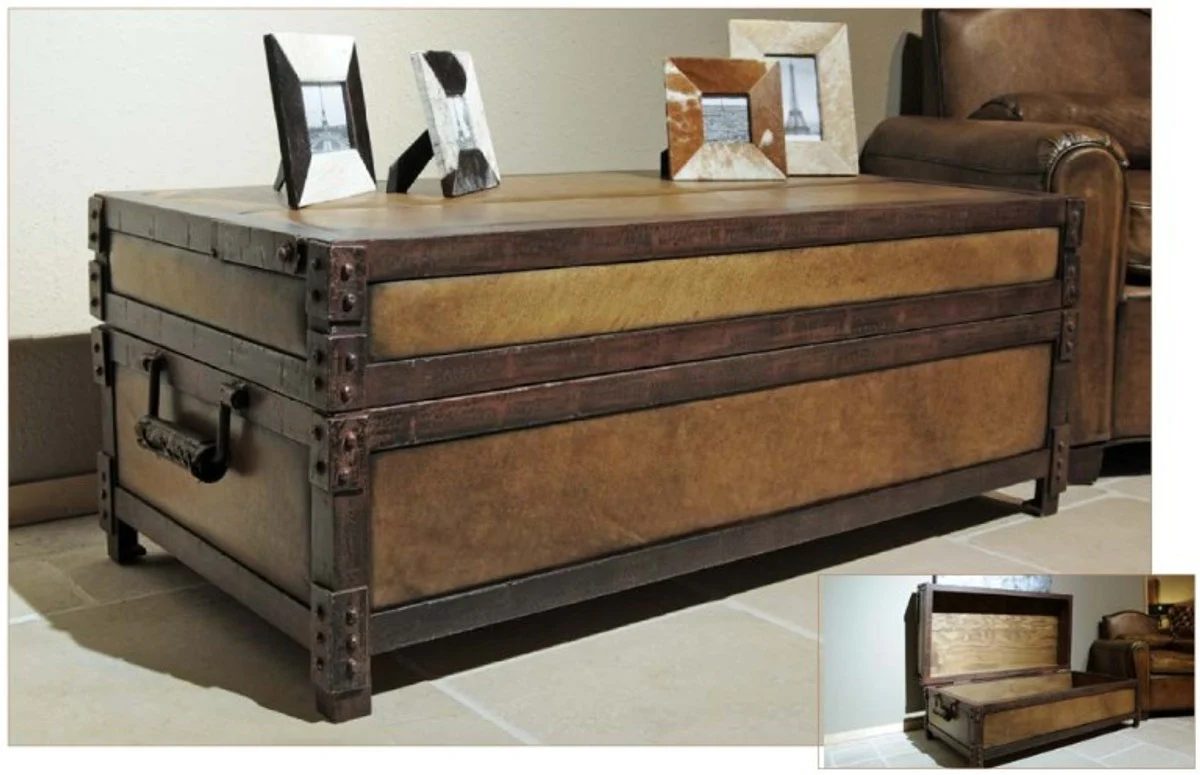 Antique style genuine leather chest brown L120 x W60 x H47 cm - real leather vintage look