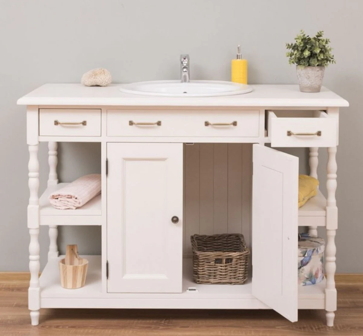 Country house style washbasin white 128 x 54 x H. 91 cm - solid wood wash basin cabinet - country house style bathroom furniture