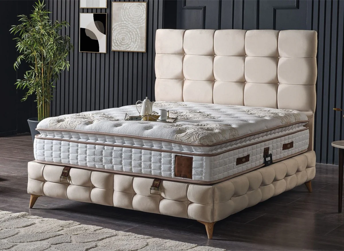 Luxury double bed cream / white / brown 180 x 200 cm - solid wood bed with headboard and mattress - bedroom furniture - hotel furniture - luxury furniture - luxury furnishings