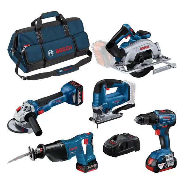 BOSCH COMBI-KIT 5 18V TOOLS: GSR 18V-55 + GWS 18V-10 + GKS 18V-57-2 + GSA 18V-LI + GST 18V-125 B + 3 4.0 AH BATTERIES + GAL 1880CV + BAG L (C)