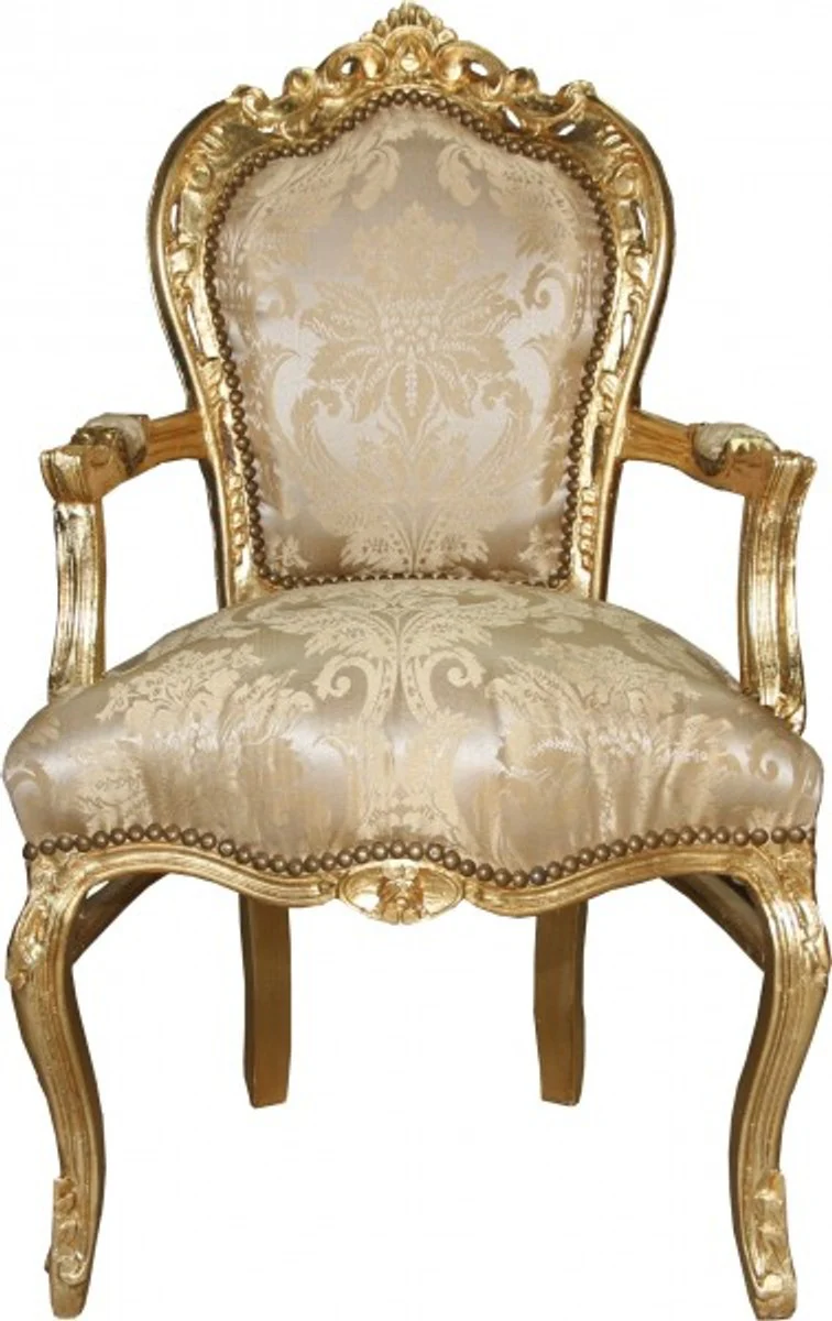 Baroque dining chair cream floral pattern / gold with armrests - furniture