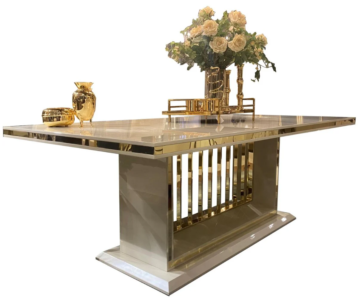 Luxury dining table with glass top cream / gold 220 x 110 x H. 78 cm - Dining room table - Kitchen table - Luxury dining room furniture