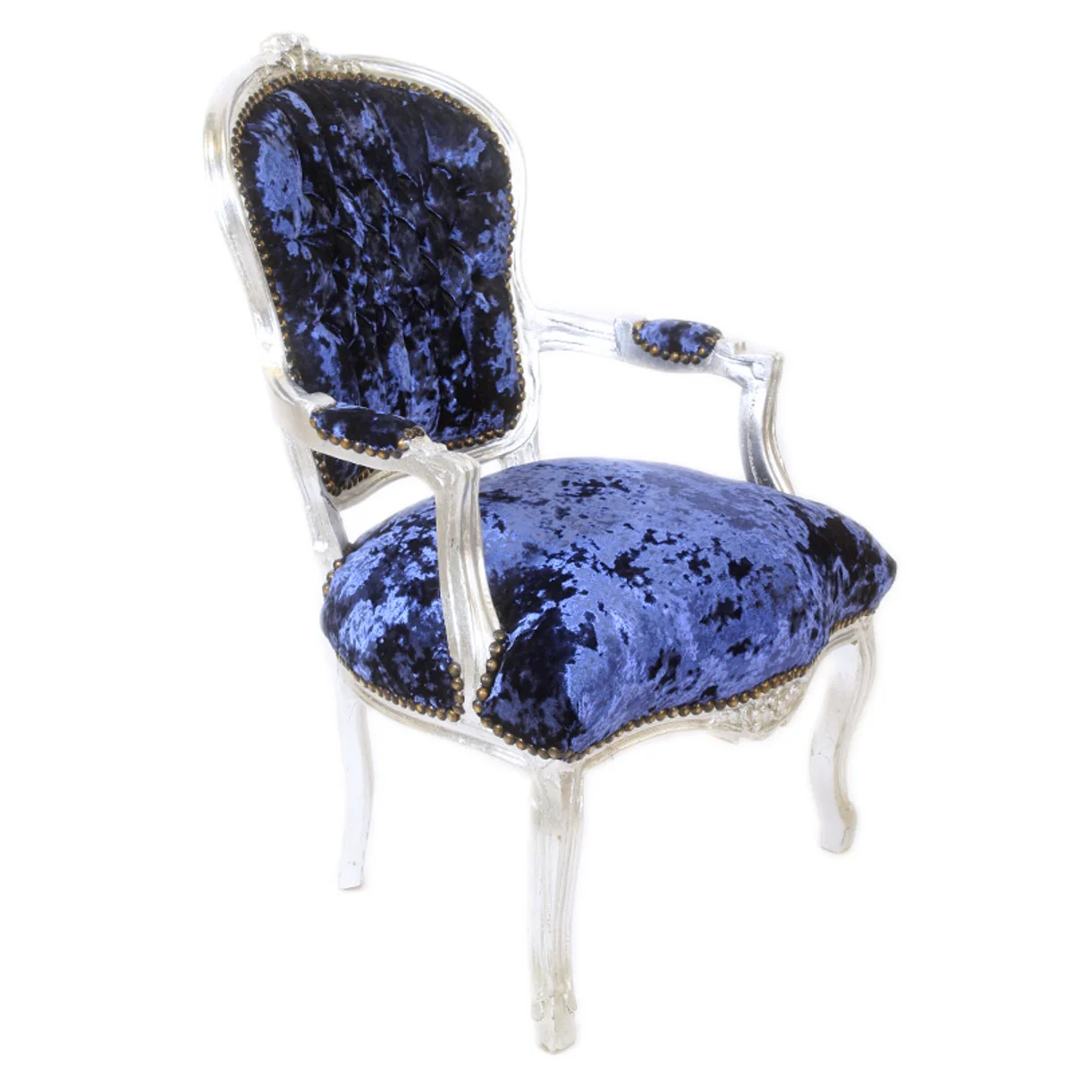 Baroque Salon Chair Royal Blue Velor Fabric / Silver - Antique Design Furniture