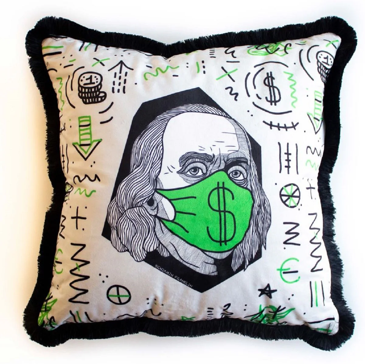 Luxury decorative cushion white / green / black 45 x 45 cm - printed velvet cushion with fringes - luxury decorative accessories
