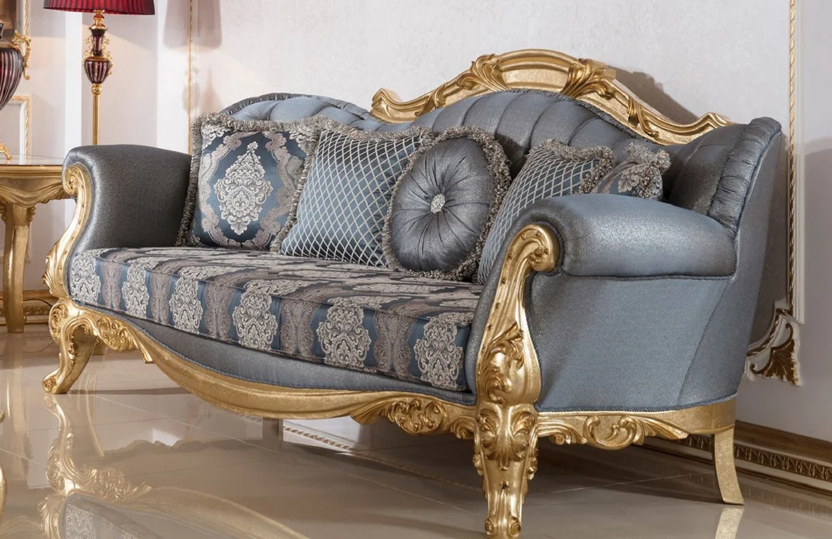 Luxury Baroque Sofa Blue / Gold - Handmade Baroque Style Living Room Sofa with Elegant Pattern - Baroque Living Room Furniture - Noble & Magnificent