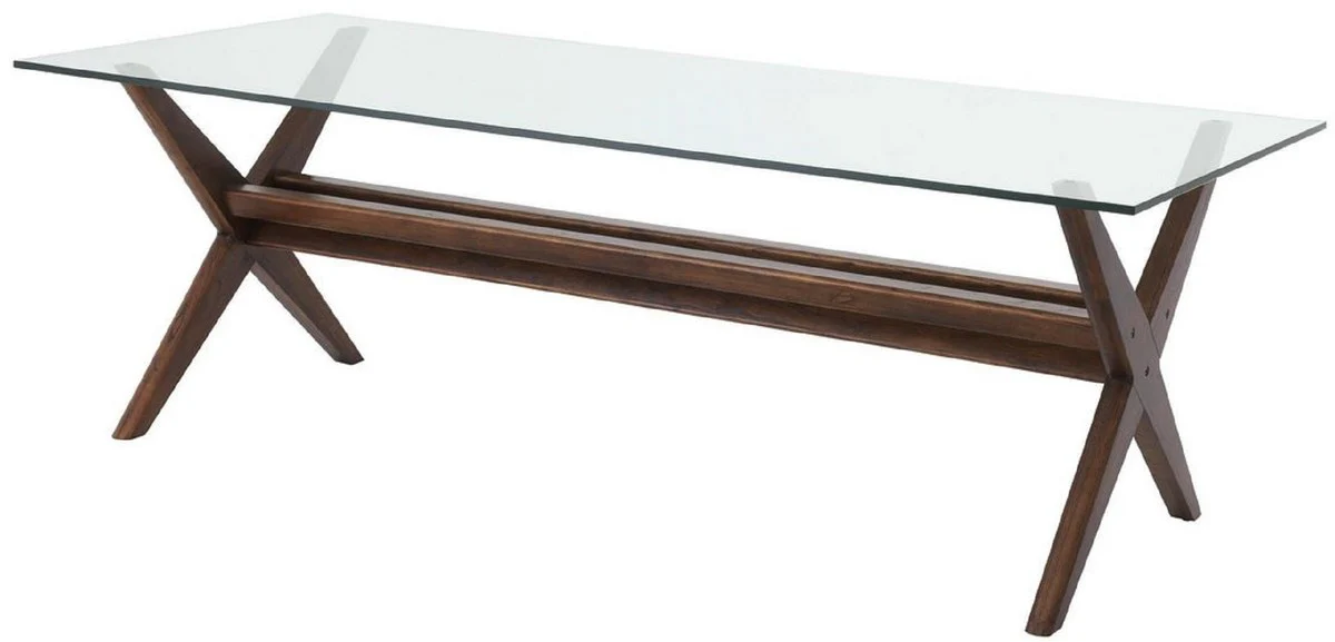 Luxury dining table brown 230 x 100 x H. 77 cm - Solid wood kitchen table with glass top - Rectangular dining room table - Luxury dining room furniture