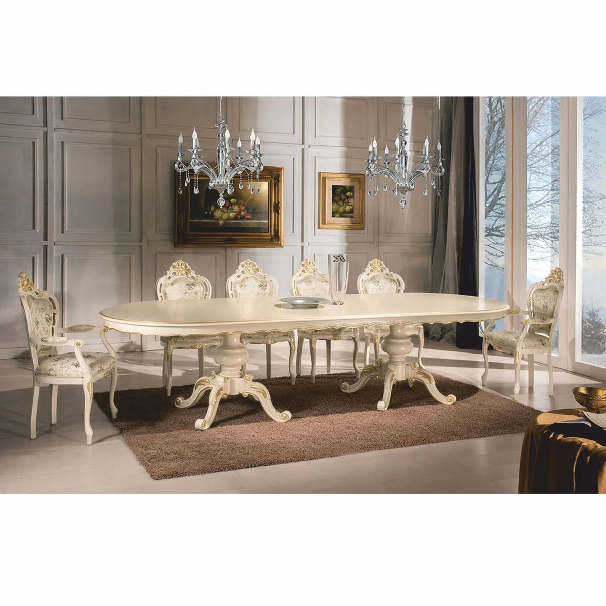 Luxury Baroque Dining Chair with Armrests Colorful / Ivory / Gold - Made in Italy