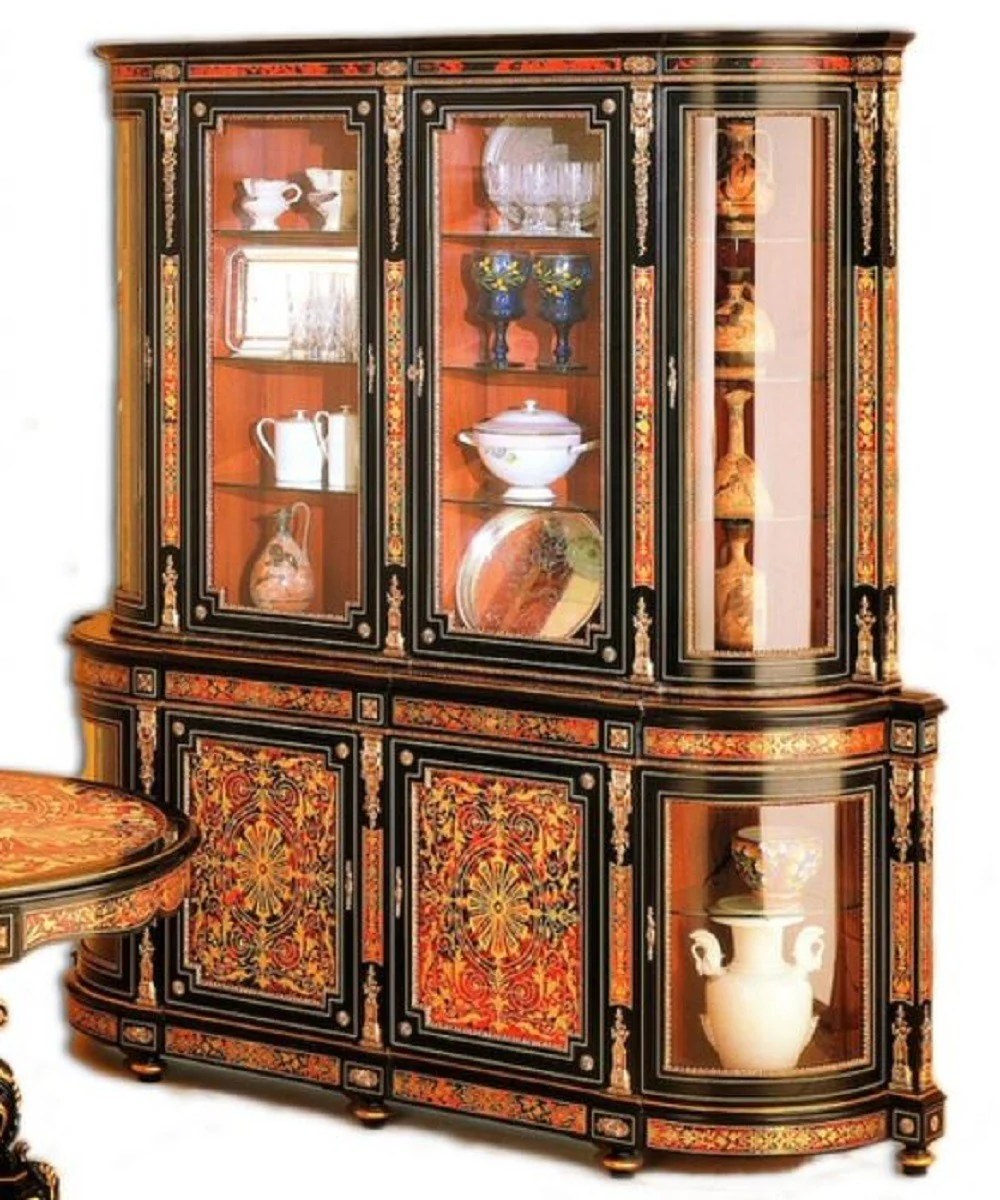 Luxury Baroque Boulle dining room cabinet black / red / gold 228 x 49 x H. 237 cm - Handcrafted solid wood cabinet - Baroque dining room kitchen furniture - Noble & magnificent