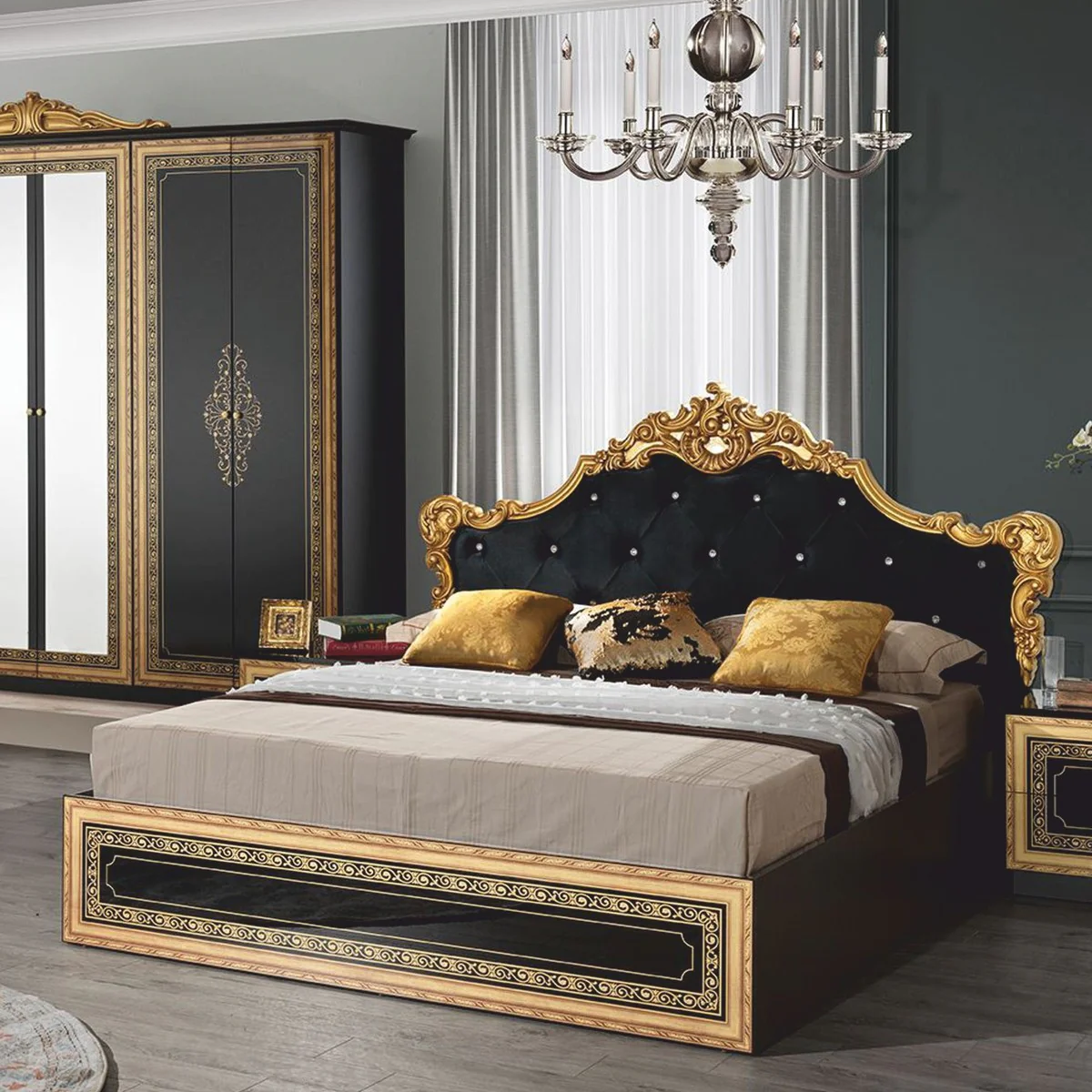 Luxury baroque double bed with rhinestones black / gold - baroque style bedroom furniture
