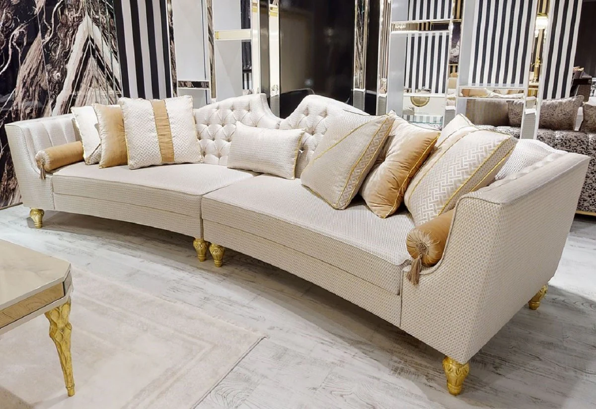 Luxury Baroque Sofa White / Gold - Curved Living Room Sofa - Hotel Sofa - Luxury Baroque Living Room & Hotel Furniture