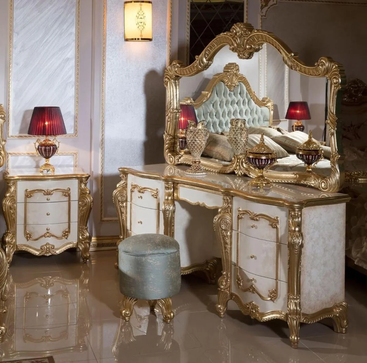 Luxury Baroque Bedroom Set White / Beige / Gold / Light Blue - 1 Baroque Dressing Table & 1 Baroque Mirror & 1 Baroque Stool - Baroque Bedroom Furniture - Noble & Magnificent