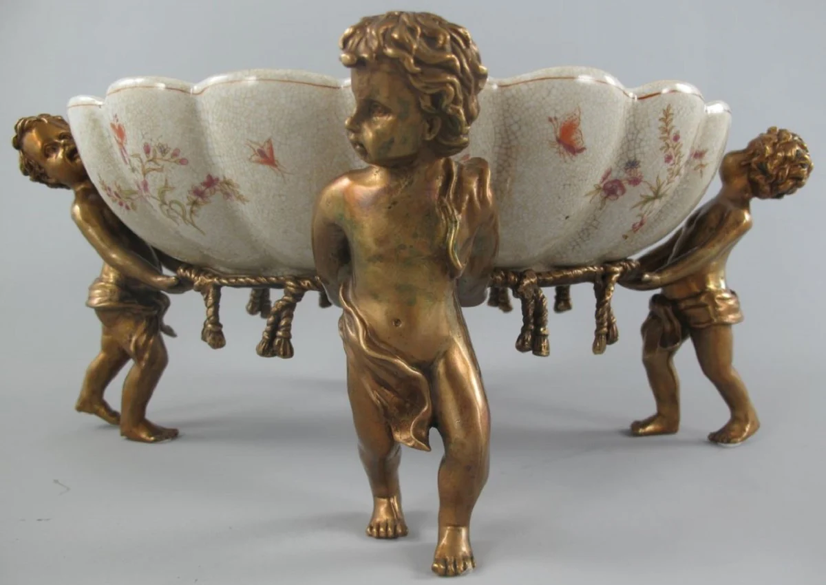 Jugendstil Porzellan Schale mit 4 dekorativen Engelsfiguren Cremefarben / Mehrfarbig / Messingfarben 40 x 30 x H. 17 cm - Barock & Jugendstil Deko Accessoires