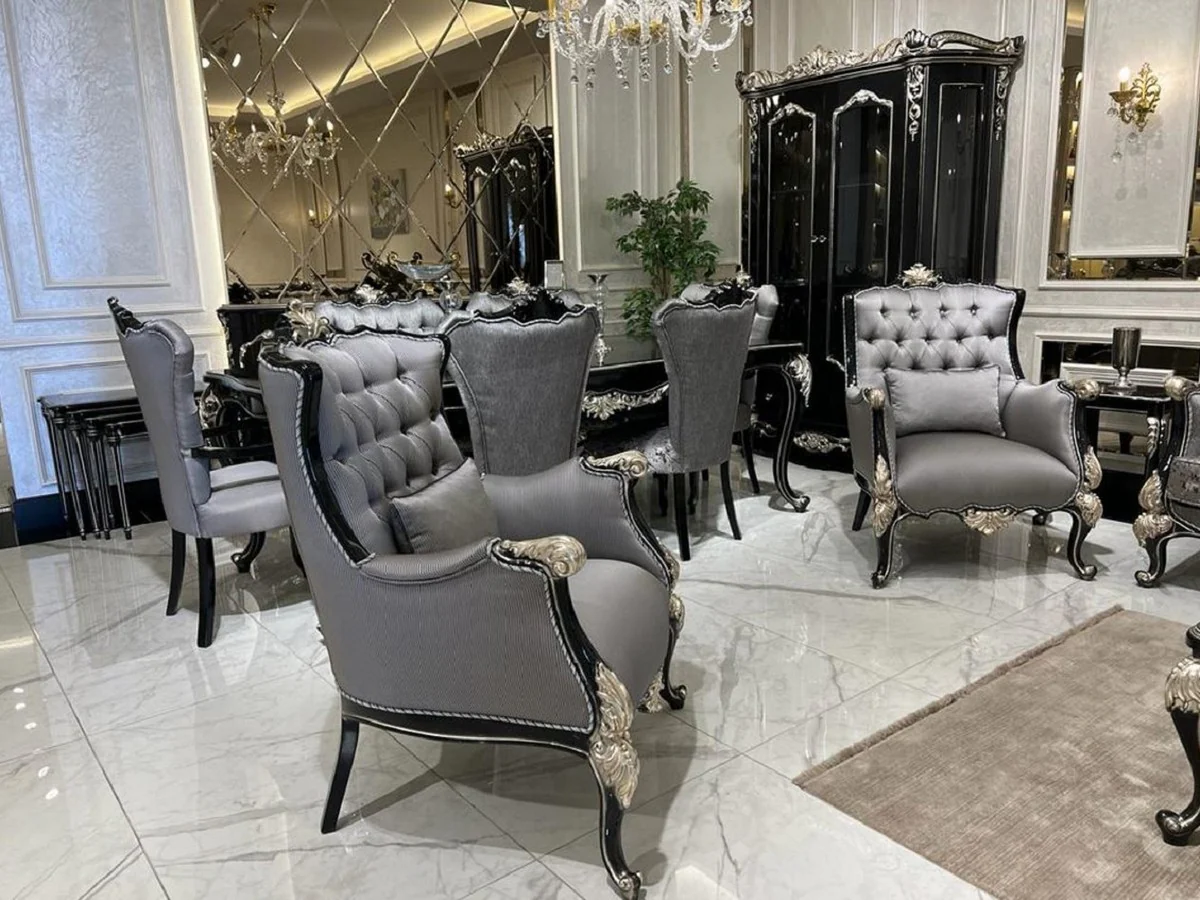 Luxury baroque display cabinet black / silver - magnificent solid wood display cabinet with 2 glass doors - handmade baroque furniture - noble and magnificent