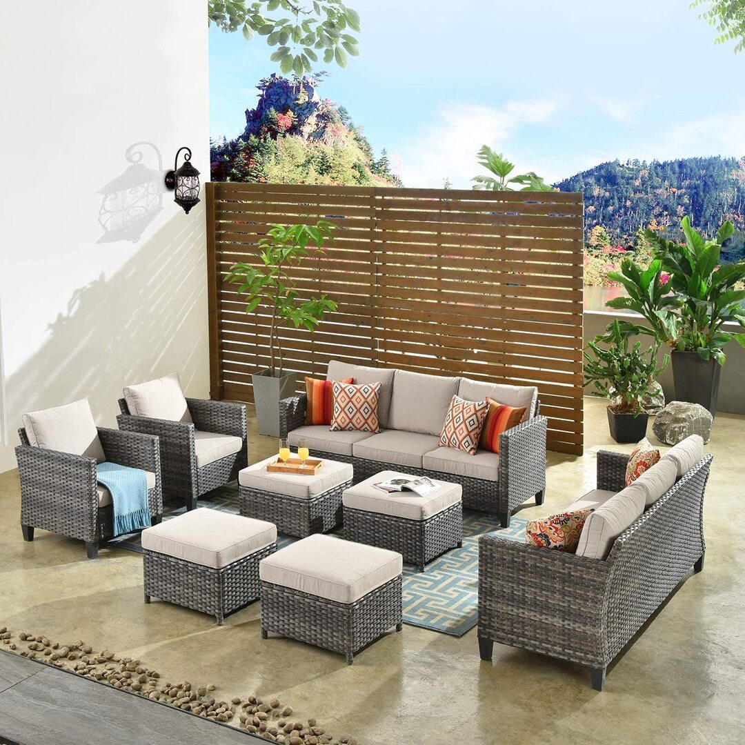 Patio-Möbel 8 PCS Hight Back Outdoor-Möbel Sets Moderne Wicker Patio-Möbel Conversation Sets mit 4 Kissen Alle Wetter Garten Patio Sofa