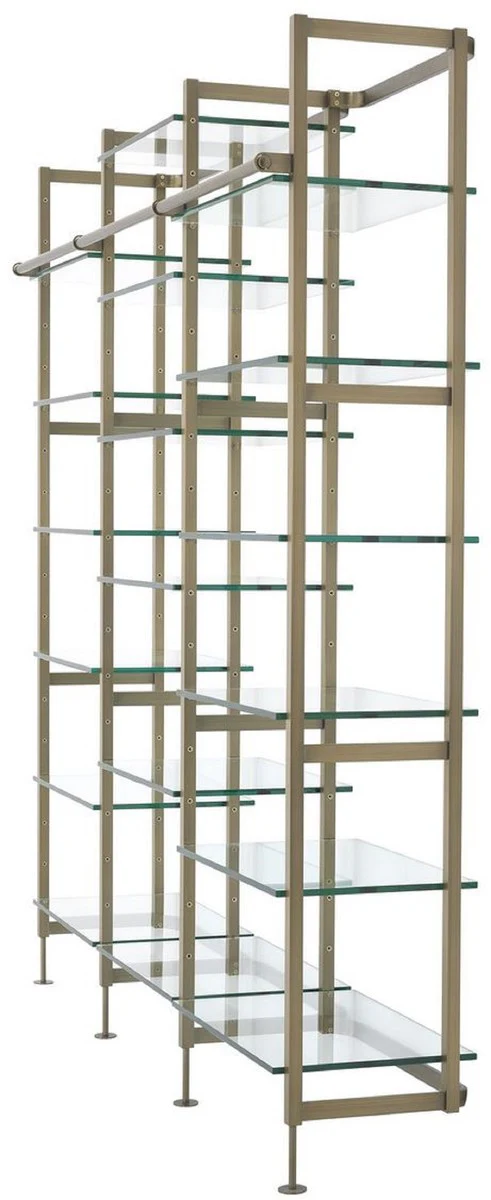 Luxury shelf cabinet brass colored 222.5 x 51 x H. 238 cm - stainless steel wall unit with 18 adjustable glass shelves - living room cabinet - office cabinet - luxury furniture