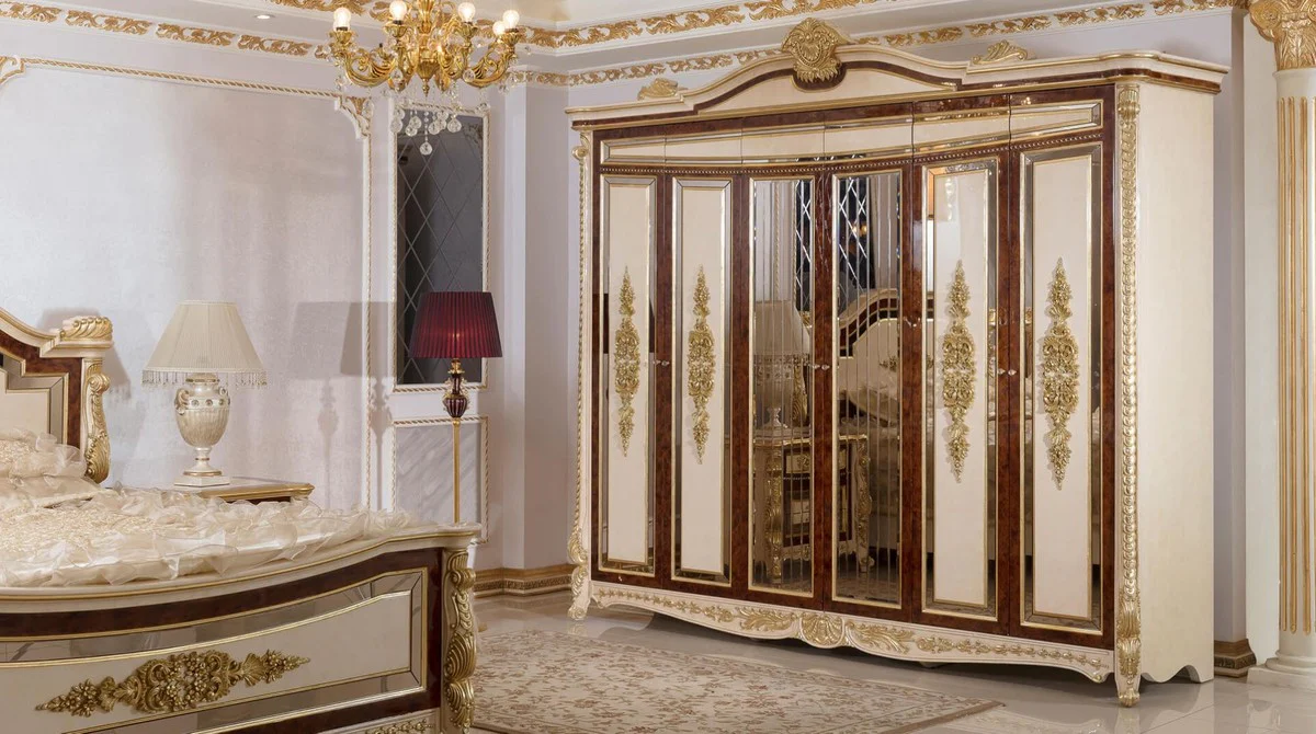 Luxury baroque bedroom wardrobe white / beige / brown / gold - magnificent solid wood wardrobe in baroque style - baroque bedroom & hotel furniture - noble & magnificent