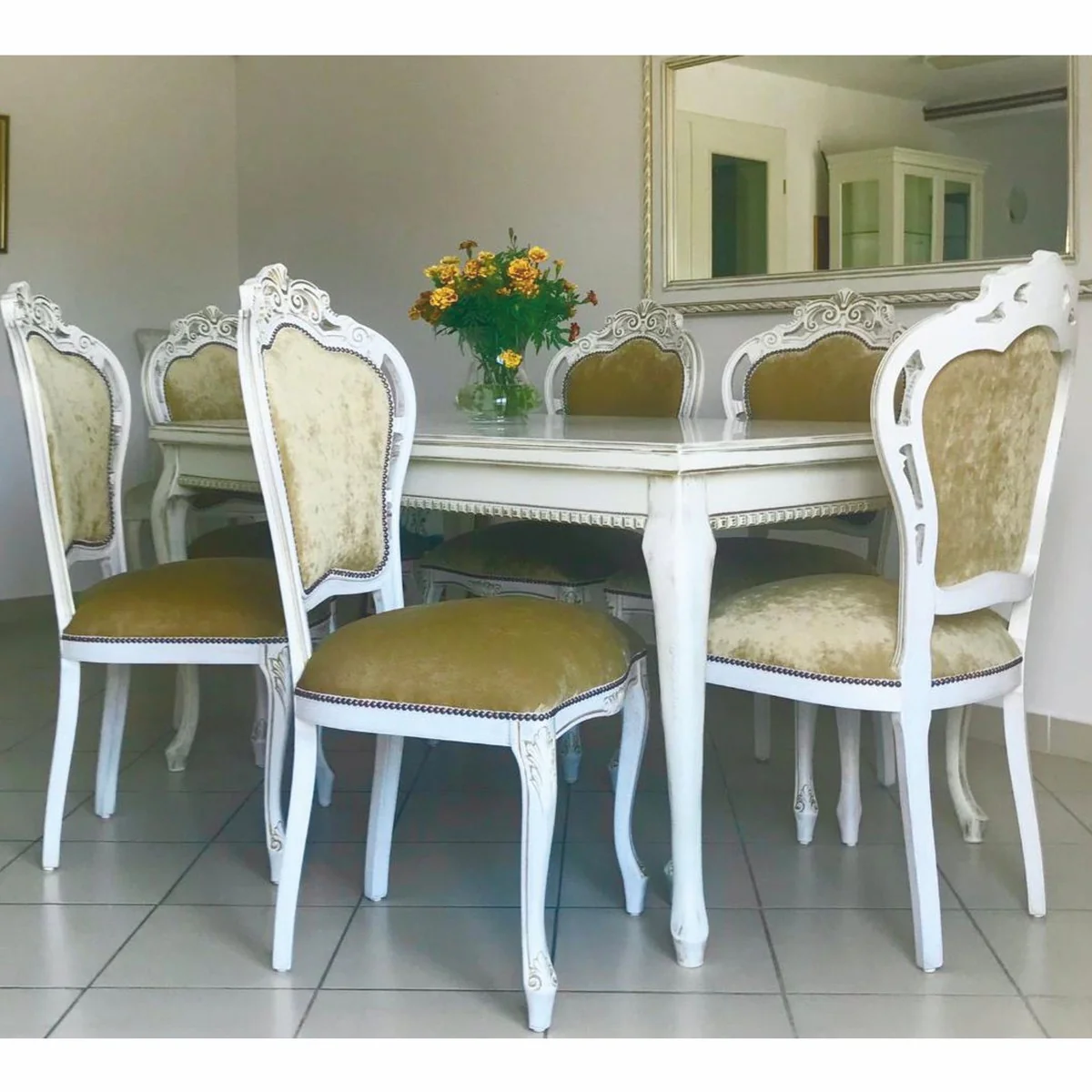 Luxury Baroque Dining Room Set Gold / White - 1 Baroque Dining Table & 6 Baroque Chairs
