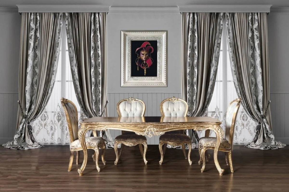 Luxury Baroque Dining Room Chair Set White / Gold / Antique Gold - Handmade Kitchen Chairs Set of 6 with Elegant Pattern - Baroque Dining Room Furniture - Noble & Magnificent
