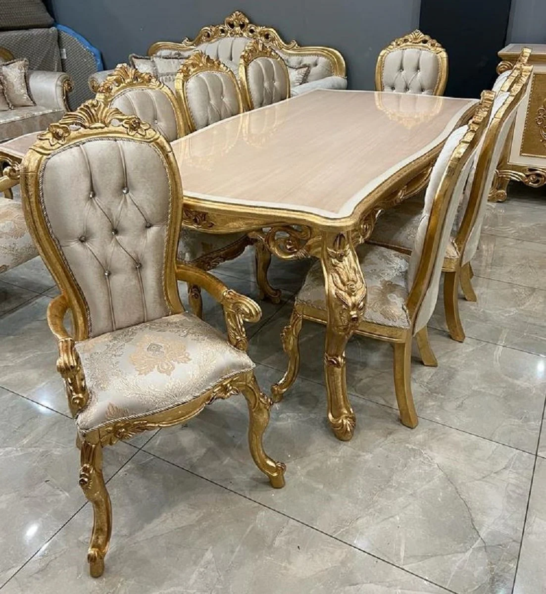 Luxury Baroque Dining Room Set Beige / White / Silver / Gold - 1 Baroque Dining Table & 8 Baroque Dining Room Chairs - Luxury Dining Room Furniture in Baroque Style - Magnificent Baroque Dining Room Furniture