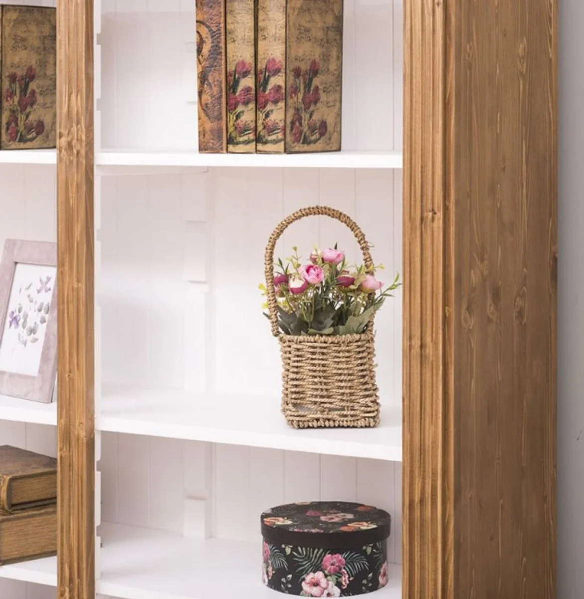 Country house style shelf cabinet light brown / white 180 x 39 x H. 197 cm - solid wood cabinet - bookcase - living room cabinet - office cabinet - country house style furniture