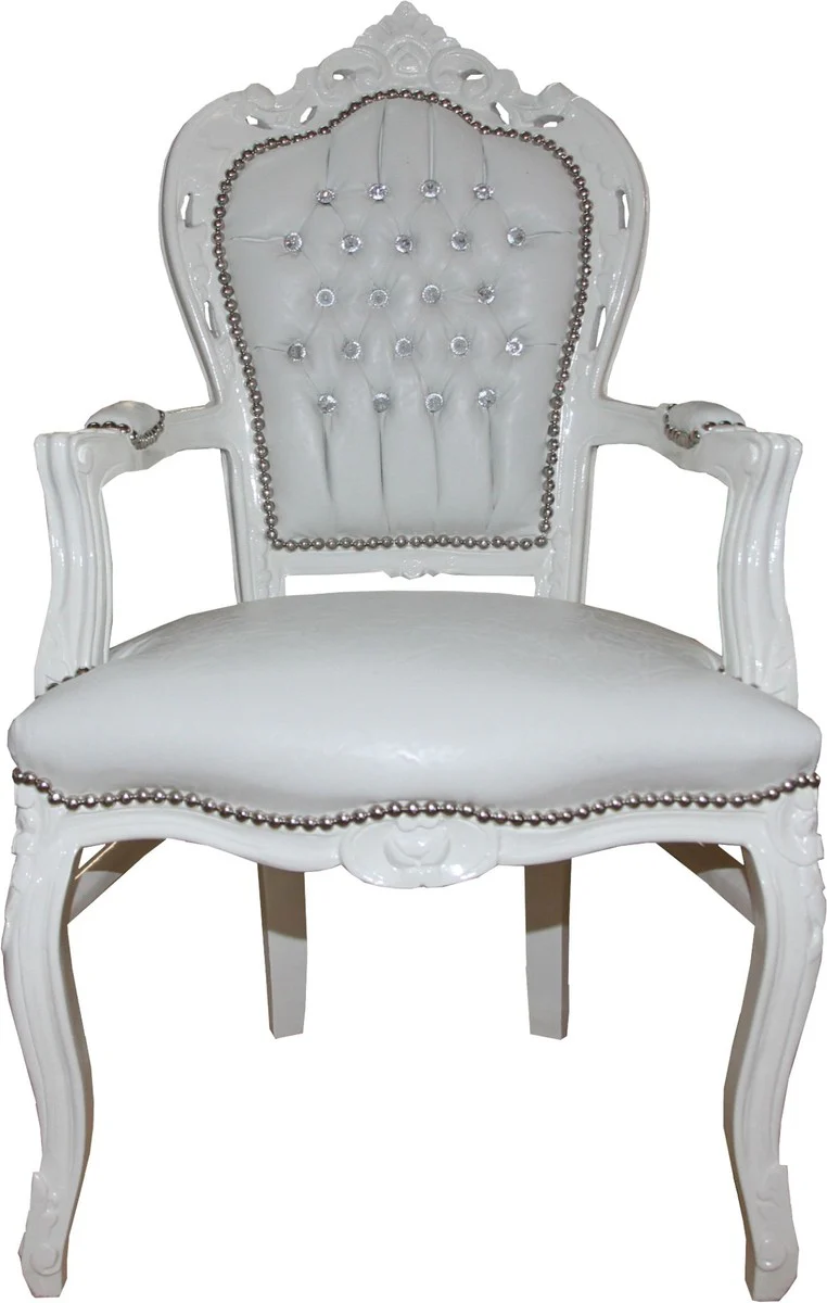 Baroque dining room chair with armrests white / white croco leather look with bling bling rhinestones