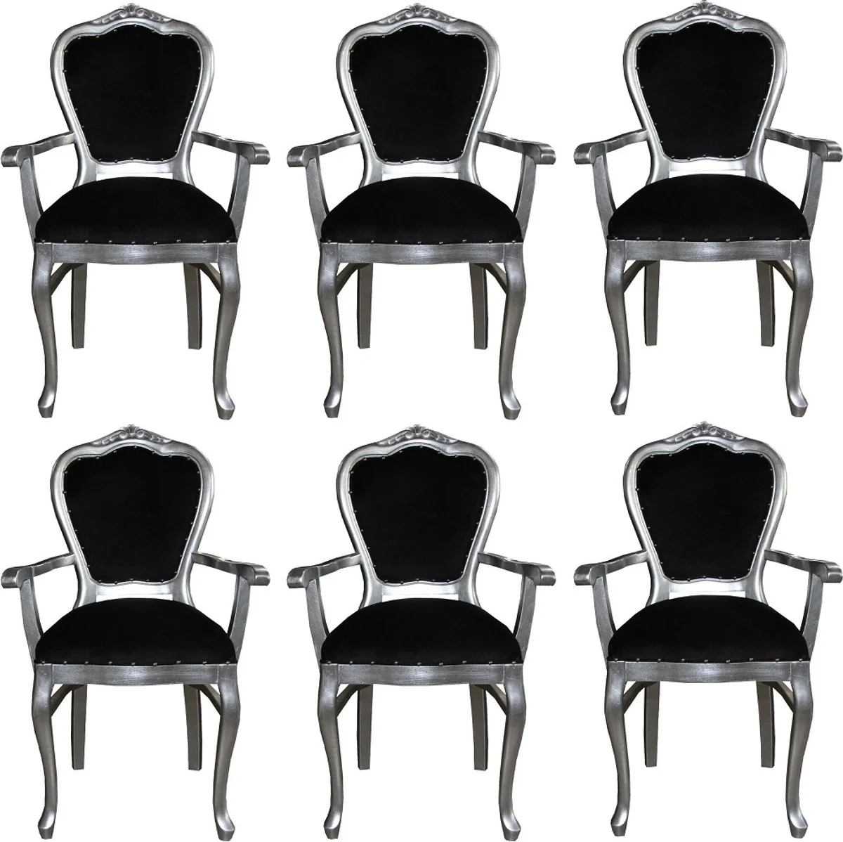 Luxury Baroque dining room set black / silver 60 x 47 x H. 99 cm - 6 handmade dining chairs with armrests - Baroque dining room furniture